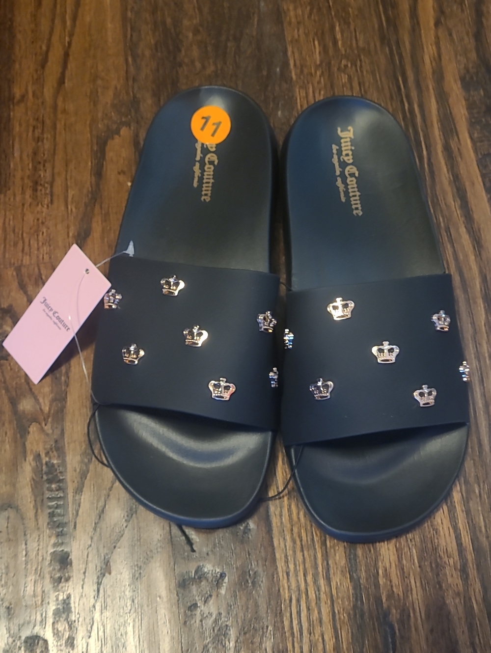 Juicy Couture Black Slide Sandals with Gold Crown Studs - Size 11
